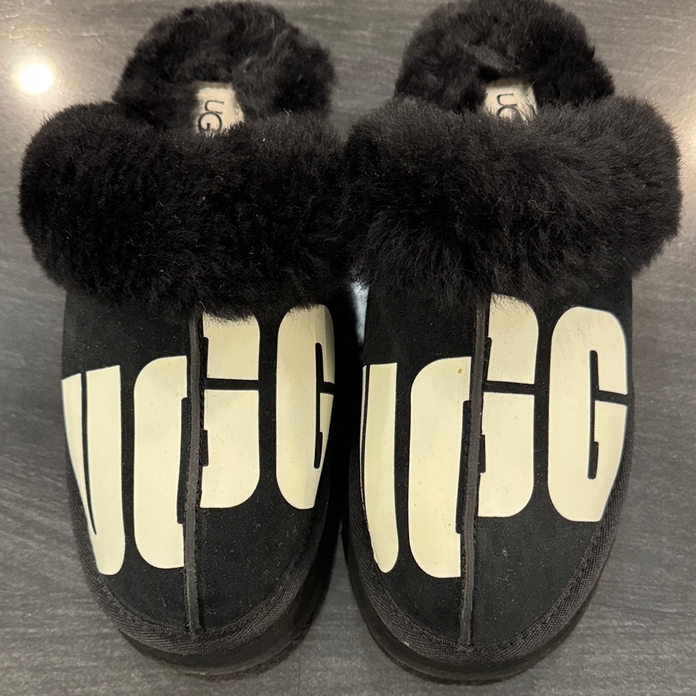 UGG Black Fuzzy Sheepskin Slippers